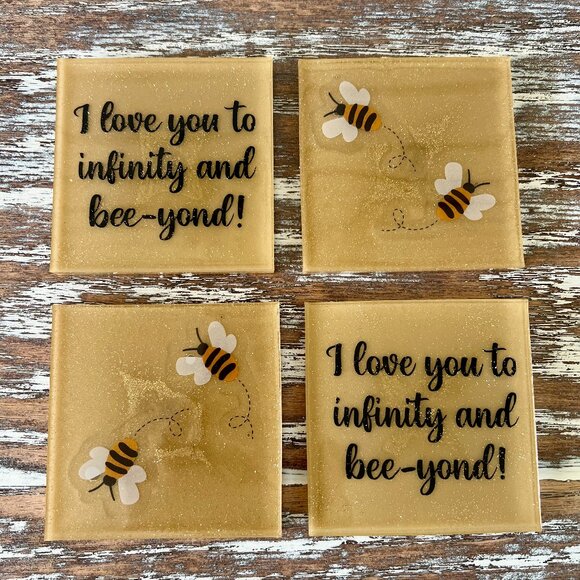 Other - Honey Bees "I Love You to Infinity and Bee-yond" Resin Drink Coasters Set of 4